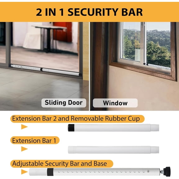 GVDCC-Sliding Door Security Bar, 18.5-51 inch Adjustable Patio Door Security bar with Rubber Tips, Multi-use Window Security Bars, Sliding Door Stopper, White, 2 Pack