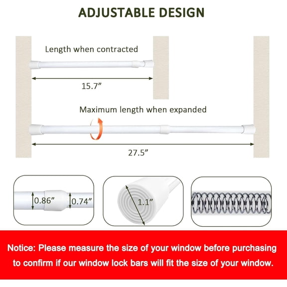 GVDCC-Sliding Door Security Bar, Window Security Bars Adjustable Sliding Door Lock Bars with Rubber Tips, Diameter 1.2" Window Safety Lock Bar Stopper (16''-28'', 1, Count)