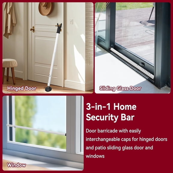 GVDCC-Sliding Door Stoppers Security Bar, 3-in-1 Apartment Patio Door Security Bar from Inside, Adjustable Front Door & Window Barricade Security Stick for Home Safety, Door Jammer Lock Protector, Wh