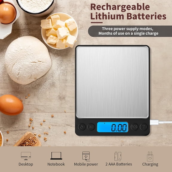 GVDCC-Small Digital Gram Scale 1000g by 0.01g, High Accuracy Scale for Food Ounces and Grams, Upgrade USB Charging Kitchen Scale Digital Weight for Cooking, Baking, with Tare Function, 9 Units, 2 Tr