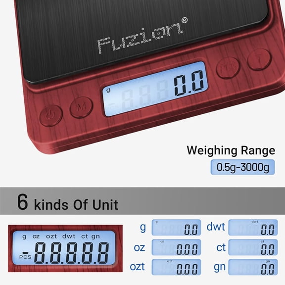 GVDCC-Small Gram Scale 3000g, Digital Kitchen Food Scale, Gram and Ounce | Black Titanium Stainless Steel, 0.1g Accuracy, 6 Modes, 2 Trays Included, Tare, Piece Counting, For Food, Coffee, Coins, Her