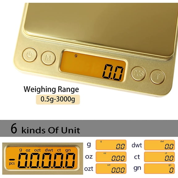 GVDCC-Small Gram Scale 3000g, Digital Kitchen Food Scale, Gram and Ounce | Gold Titanium Mirror Finish, 0.1g Accuracy, 6 Modes, 2 Trays Included, Tare, Piece Counting, For Food, Coffee, Coins, Herb
