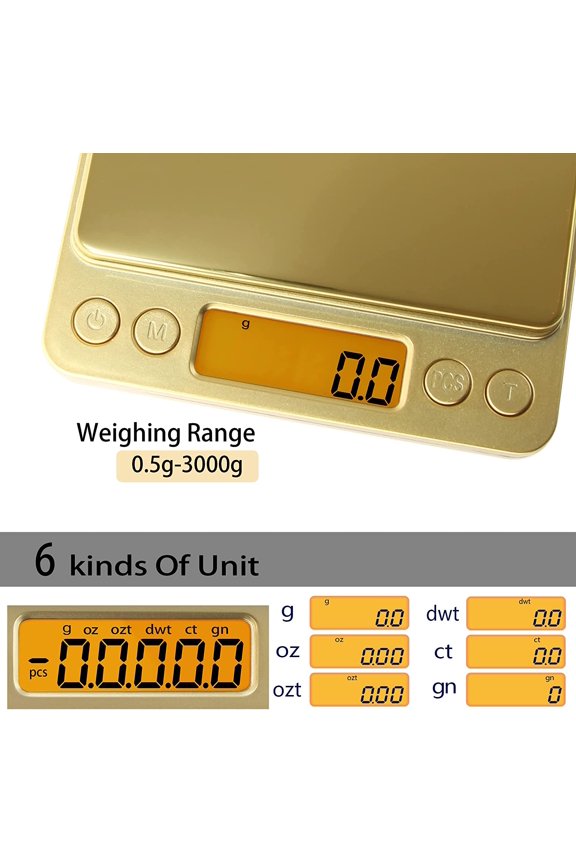 -Small Gram Scale 3000g, Digital Kitchen Food Scale, Gram and Ounce | Gold Titanium Mirror Finish, 0.1g Accuracy, 6 Modes, 2 Trays Included, Tare, Piece Counting, For Food, Coffee, Coins, Herb