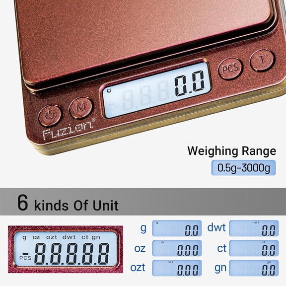 GVDCC-Small Gram Scale 3000g, Digital Kitchen Food Scale, Gram and Ounce | Ombr, 0.1g Accuracy, 6 Modes, 2 Trays Included, Tare, Piece Counting, For Food, Coffee, Cooking, Herb, Reptiles, Coins