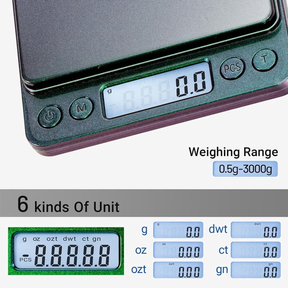 GVDCC-Small Gram Scale 3000g, Digital Kitchen Food Scale, Gram and Ounce | Ombr, 0.1g Accuracy, 6 Modes, 2 Trays Included, Tare, Piece Counting, For Food, Coffee, Cooking, Herb, Reptiles, Coins