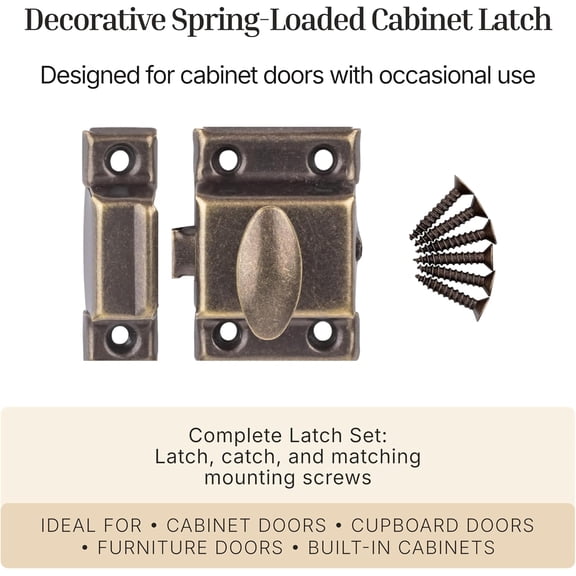 GVDCC-Small Stamped Antique Brass Cabinet Door Latch - 1 7/8"  1 7/8" - Spring Loaded Cupboard Door Latch with Oval Turn - Vintage Cabinet Hardware | UA-141-LAB (1)