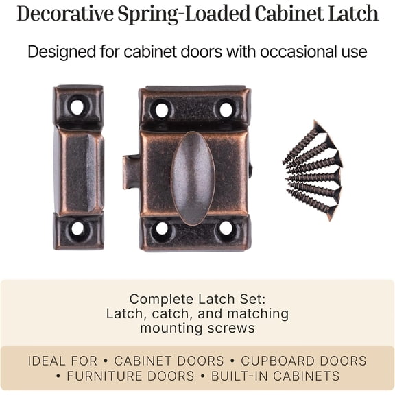 GVDCC-Small Stamped Antique Copper Cabinet Door Latch - 1 7/8"  1 7/8" - Spring Loaded Cupboard Door Latch with Oval Turn - Vintage Cabinet Hardware | UA-141-LAC (1)