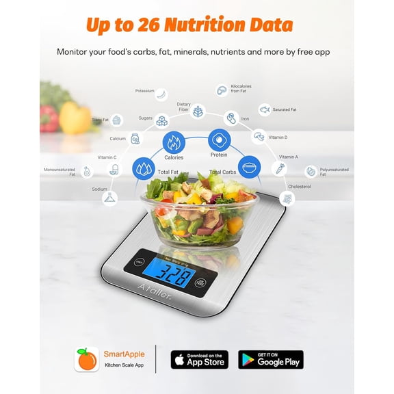 GVDCC-Smart Food Scales, 1g Resolution Max 5kg 11Ibs, Stainless Steel | Digital Kitchen Scale with Nutritional Calculator, Smartphone App, 26 Nutrients Tracking, for Cooking, Baking, Meal Prep
