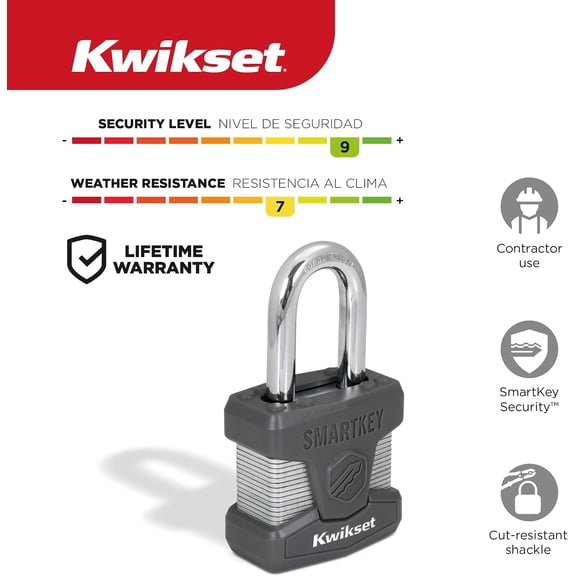 GVDCC-SmartKey Re-Keyable Laminated Steel Padlock with Boron Carbide Shackle, Outdoor Gate and Storage Lock, 2 in Body, 1-1/2 in Shackle, 1 Pack, Silver