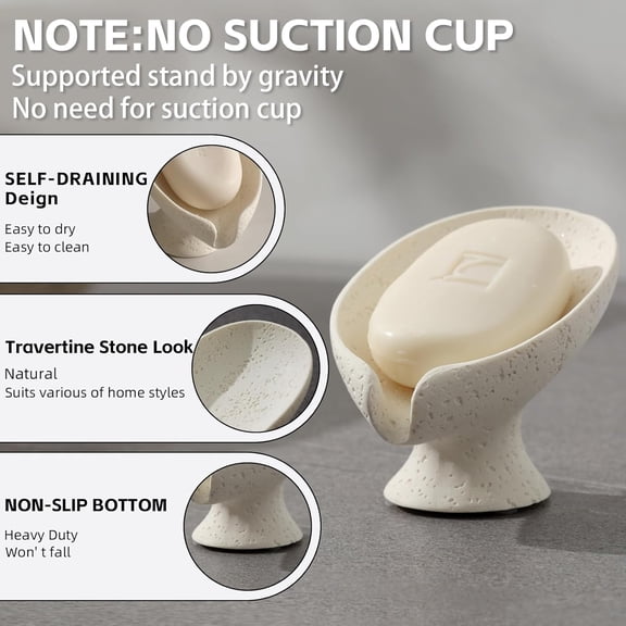 GVDCC-Soap Dish, 2 PCS Self Draining Bar Soap Holders, Leaf Shape Soap Saver for Shower Bathroom Sink Countertop Kitchen Bathtub, Keeps Soap Tray Dry, Resin Travertine Stone Look (Cream)