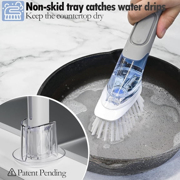 GVDCC-Soap Dispensing Replacement Dish Brush Storage Set with 2 PCS Brush Refills & Holder - Dispenser Scrub Cleaning Scrubber Kitchen Dishwashing Dish Wand Handle for Dishes/Pans/Pots/Sink(Grey)