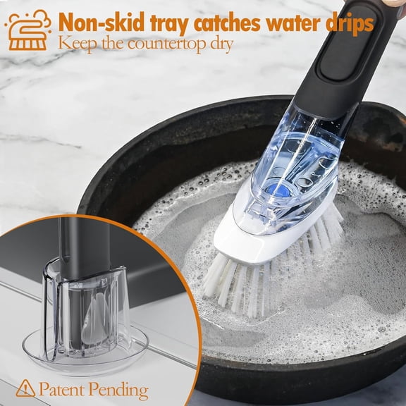 GVDCC-Soap Dispensing Replacement Dish Brush Storage Set with 2 PCS Brush Refills & Holder - Dispenser Scrub Cleaning Scrubber Kitchen Dishwashing Dish Wand Handle for Dishes/Pans/Pots/Sink(Black)