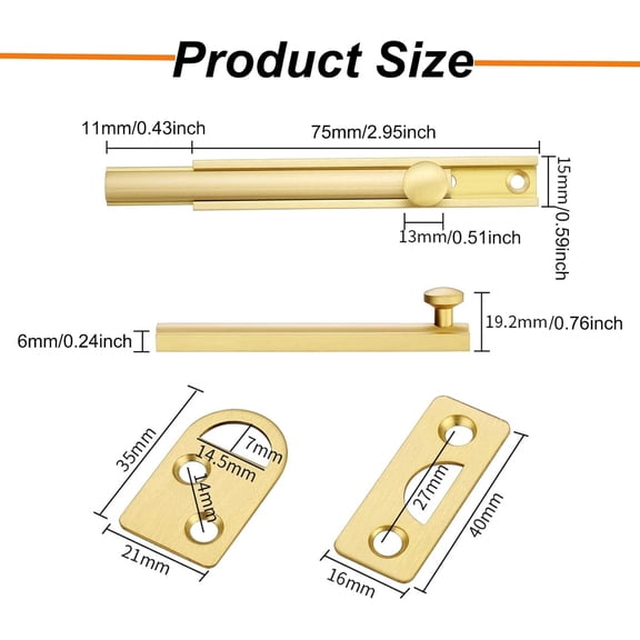 GVDCC-Solid Brass Surface Bolt, Heavy Duty Concealed Slide Surface Door Bolt with Screws, Door Slide Bolt Anti Theft Security Door Latch Lock for Windows, Bathroom (Gold, 3 Inch)