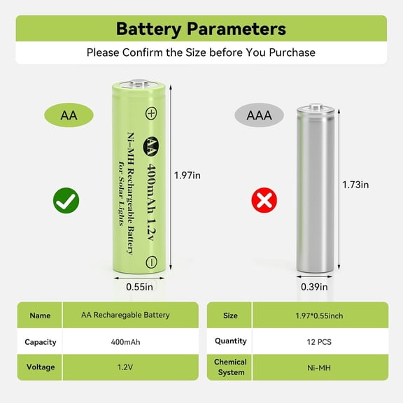 GVDCC-Solor Rechargeable Ni-MH AA 400mAh Bettery 12Pack Double A for Outdoor Solor Light,Pathway Lights,Lawn Light,Remote Controls(12PACK)