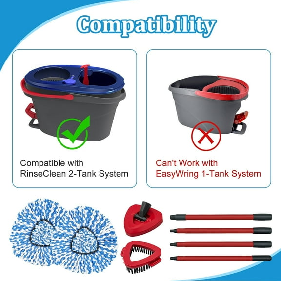 GVDCC-Spin Mop Handle, Mop Heads Replacements,Scrubber Brush and Mop Base Compatible with Ocedar RinseClean 2-Tank System, Mop Handle and Head Replacement Combo Set for Wet Dry Use Floor Cleaning