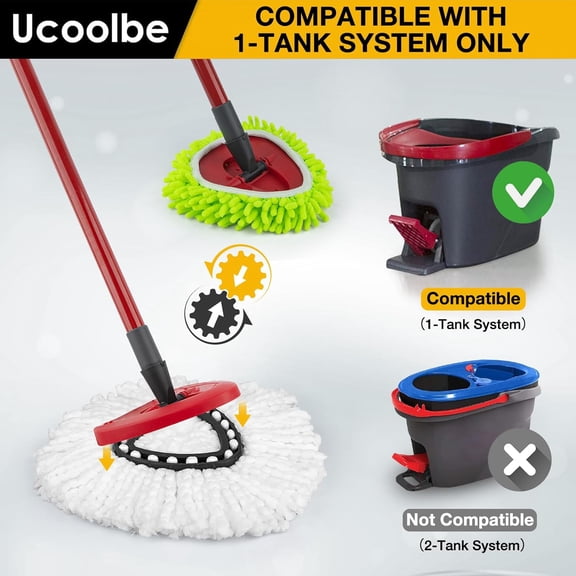 GVDCC-Spin Mop Replacement Heads Compatible with Ocedar EasyWring 1-Tank System, Duster Mop Head for Ocedar, 6 Pack Spin Mop Refills, 2 Pack Chenille Mop Pads, 1 Mop Base for deep Cleaning