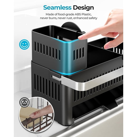 GVDCC-Sponge Holder for Kitchen Sink, Sink Caddy with High Brush Holder and Towel Rack, Kitchen Countertop Organizer and Storage Essential (Black with Smiley Face, 10.12)