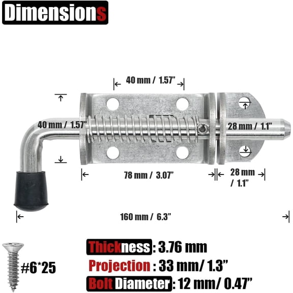 GVDCC-Spring Loaded Barrel Bolt Latch, Heavy Duty 304 Stainless Steel Thickened 3mm Door Lock, 6.3 Inch Brushed Finished, HSB410-P2