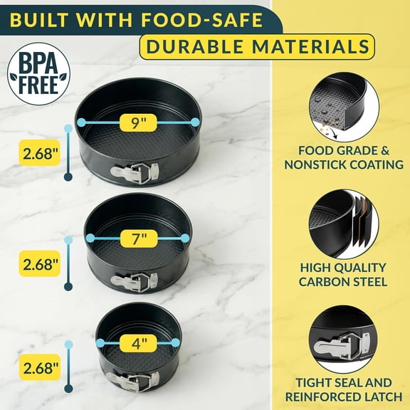 GVDCC-Springform Pan Set of 3 - 4,7,9" Carbon Steel With Removable Bottom Leakproof Design, Nonstick Coating Cheesecake Pan Durable Cake Mold With Secure Latch, Even Heat Cheese Cake Pans For Bak