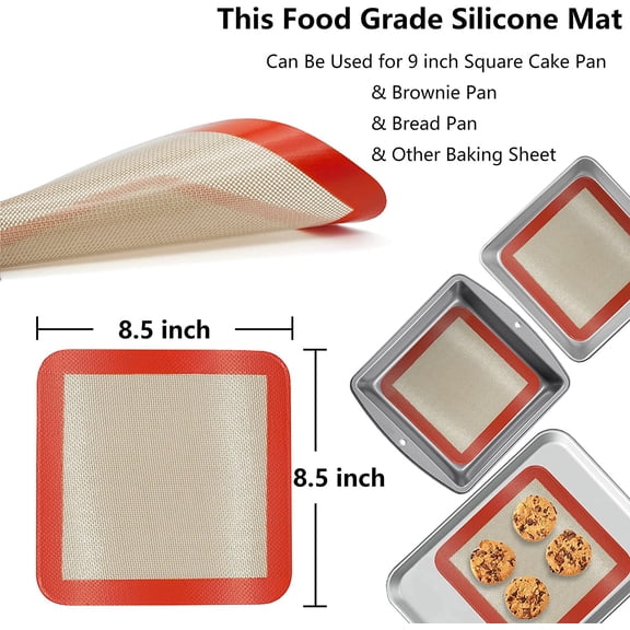 GVDCC-Square Silicone Baking Mats for 9 Inch Cake Pan, 8.5" Food Grade Non-stick Reusable Silicone Mat for Baking Pan for Bread/Pastry/Toast/Pie, Professional Cookie Sheets Liners for Brownie Pan 2 P