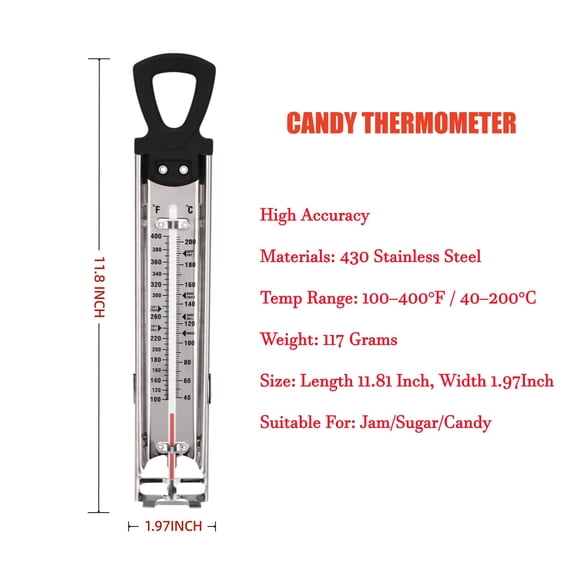 GVDCC-Stainless Steel Candy & Deep Fry Thermometer with Pot Clip & Handle - Analog Sugar Thermometer for Candy Making, Jam, Syrup, Oil, Chocolate, Brewing - Kitchen Cooking Food Thermometer