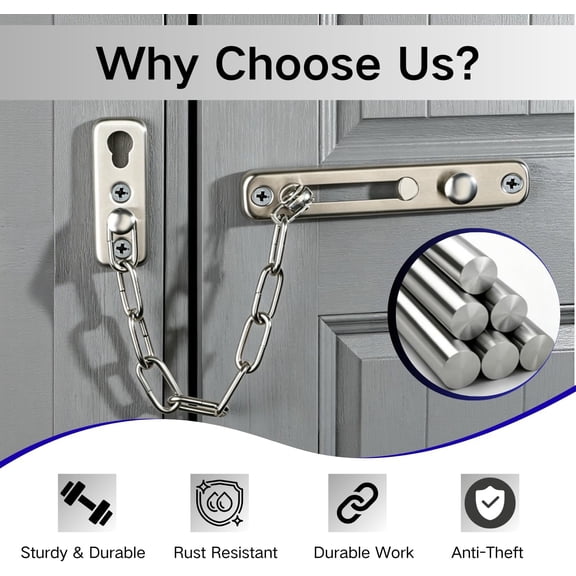 GVDCC-Stainless Steel Chain Door Guard Lock - 2 Installation Methods (Drill or Adhesive), Anti-Theft Door Latch for Front Door, Apartment, and Home Security