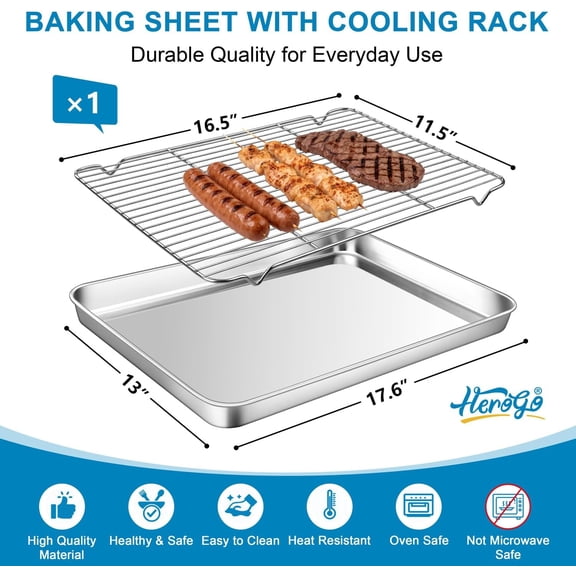 GVDCC-Stainless Steel Half Sheet Baking Pan with Rack Set(1 Pans + 1 Racks), 18" x 13" x 1" Large Metal Baking Tray with Cooling Rack Set for Oven Roasting, Rust & Warp Resistant & Nonstick