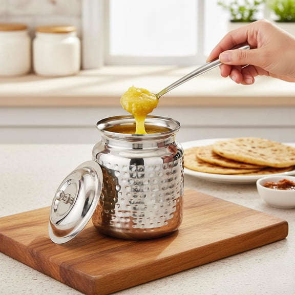 GVDCC-Stainless Steel Hammered Oil and Ghee Container for Kitchen I Multipurpose Oil Container with Lid I Capacity of 17 oz