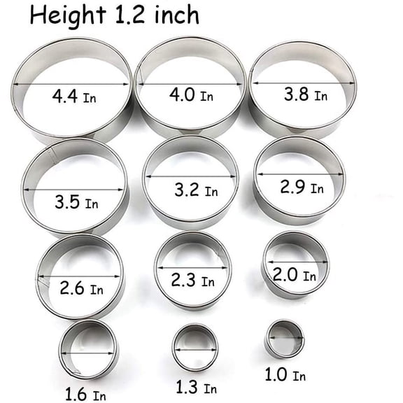 GVDCC-Stainless Steel Round Cookie Cutter Set, 12 Circular Biscuit Cutters Round Donut Ring Molds for Baking 1.2 Inch Height