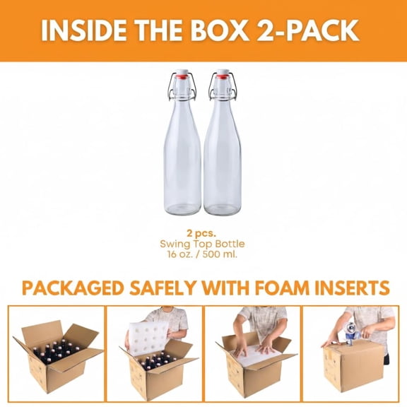 GVDCC-Swing Top Glass Bottles 16 oz (500ml) 2 Pack | Clear Flip Top Bottles with Airtight Lids | Reusable Glass Containers for Olive Oil, Vinegar, Kombucha, Beer & Fermentation