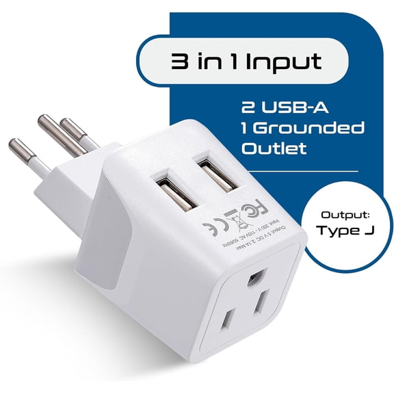 GVDCC -Switzerland Travel Adapter Plug with Dual USB + Usa Input - Type J - Ultra Compact - Safe Grounded for Laptops, Cell Phones, Chargers, Camera and More (CTU-11A )