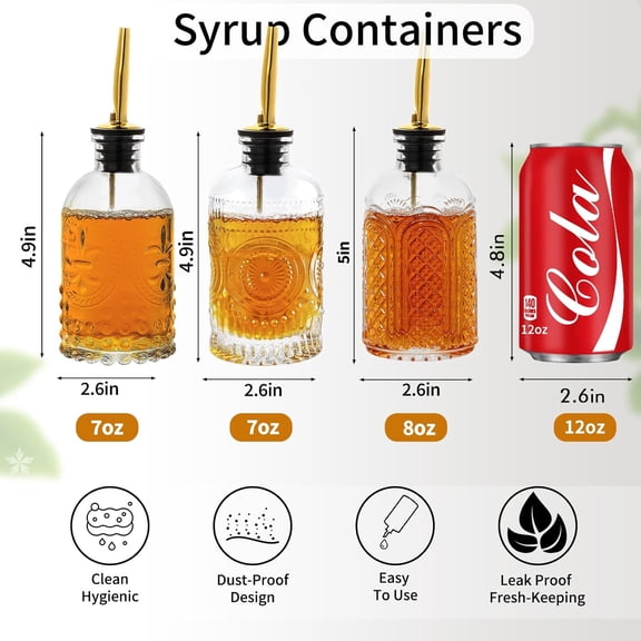 GVDCC-Syrup Dispenser Bottles Set of 3, Simple Syrup Bottle for Coffee Bar Accessories,7 oz Glass Coffee Syrup Containers for Maple Honey Syrup Oil, with Metal Pour Spouts, Stoppers,Condiments Dispen