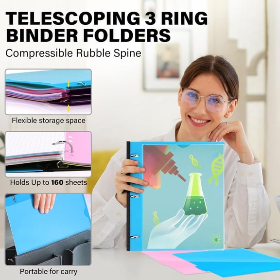 GVDCC-Telescoping 3 Ring Binder-4PCS, Flexible Binder with Customized Front Cover+Clear Catalog Pocket+3 Round Rings, Flat Writing Binder, 4 Bright Colors