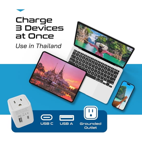 GVDCC -Thailand Travel Plug Adapter  Type O Power Adapter with USB-C & A + USA Input  Ultra Compact,3-in-1 Safe Grounded Adapter Plug for Thailand