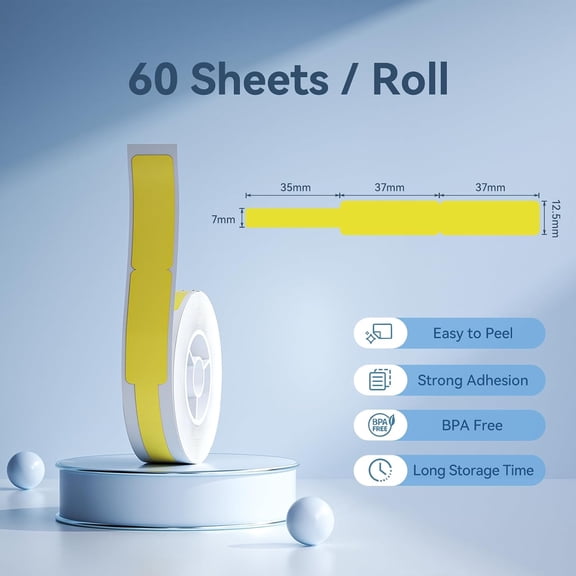 GVDCC-Thermal Transfer Cable Labels 0.49" x 4.29", Only for N1(B18) Label Maker, PET Material, Waterproof and High-Temperature Resistance, Long Storage Time, 1 Roll of 60, Yellow