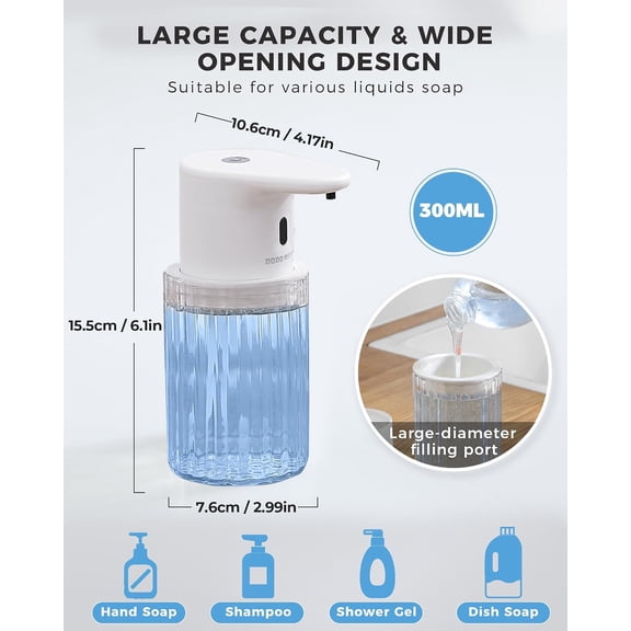 GVDCC-Touchless Automatic Liquid Soap Dispenser, 300ml/10oz USB Rechargeable, 3 Adjustable Dispensing Levels, IPX7 Waterproof Infrared Sensor Dispenser for Bathroom Kitchen Countertop & Wall-Mounted,