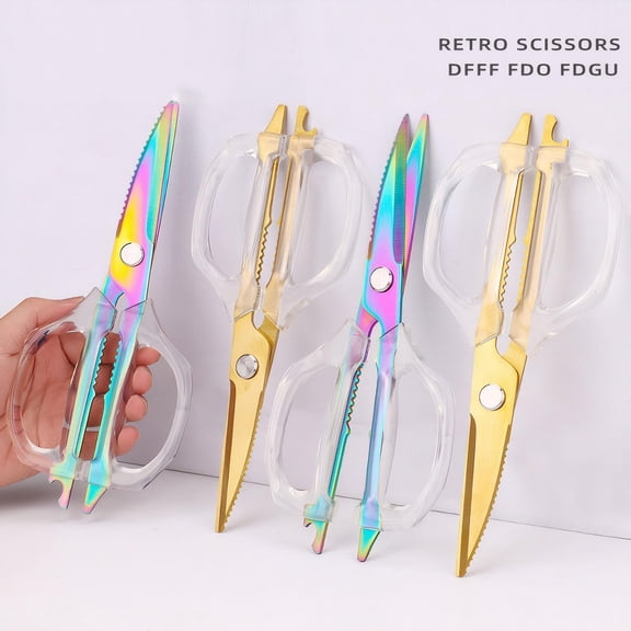 GVDCC-Transparent Handle Stainless Steel Sharp Powerful Kitchen Scissors Multi-Purpose Heavy Duty Food Scissors Kitchen Shears Chicken Poultry bone fish scales (White handle Gold blade)