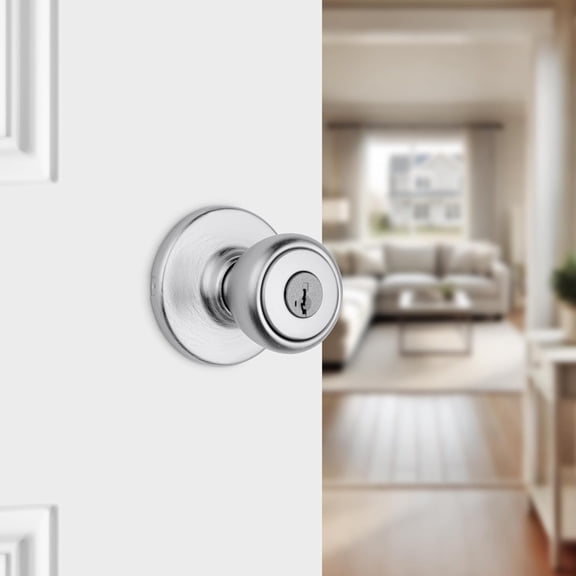 GVDCC-Tylo Entry Door Knob with Lock and Key, Secure Keyed Handle Exterior Doorknob, Front Entrance and Bedroom, Satin Chrome, Pick Resistant SmartKey Rekey Security