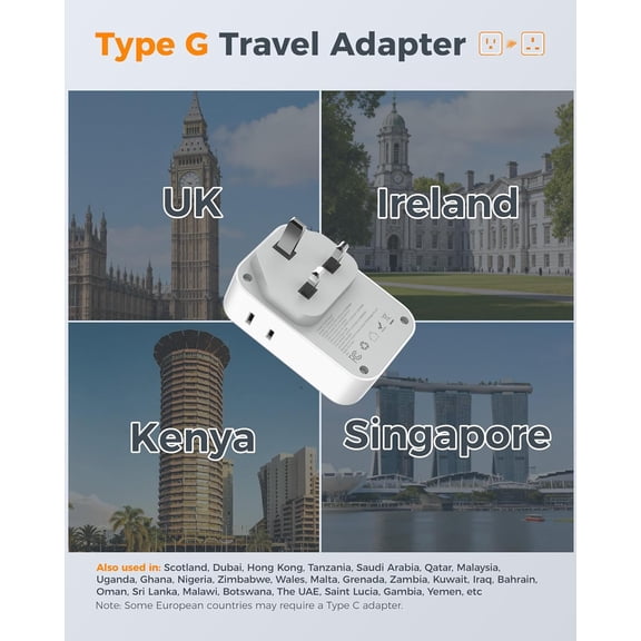 GVDCC -Type G Adapter for Travel, UK Travel Adapters with 4 Outlets 4 USB Ports(2 USB-C, 1 with PD 20W), Ireland Power Adaptor for USA to England London Scotland Dubai Singapore Qatar Kenya