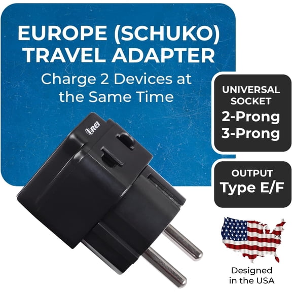 GVDCC -USA to Europe (Schuko) Travel Adapter Plug - 2 in 1 Type E/F Plug Adapter Perfect for Laptop, Camera Charger & More - CE Certified - RoHS Compliant - 2 Pack - Black Color