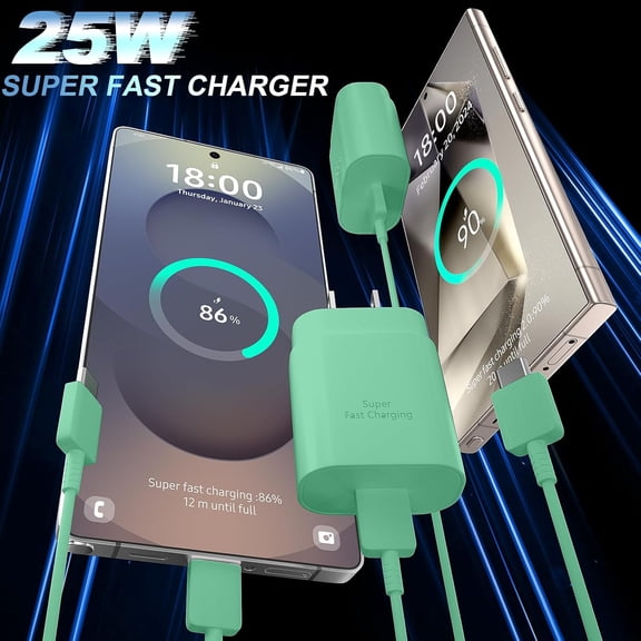 GVDCC -USB C Android Charger Fast Charging Cord, Super Fast Phone Chargers 6.6FT C to C Type Cable with 25W USBC Wall Block for Samsung Galaxy S26 S25 S24 Ultra Plus/S23/S22/S21/S20/Note 20/10, Green