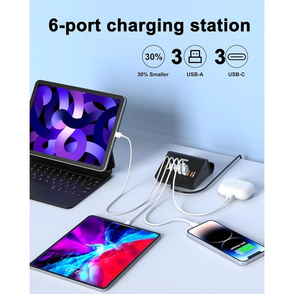 GVDCC -USB C Charging Station 35W, VHBW 6 Port 3A and 3C(1Port *USB-C PD20W Fast) Desktop Fast Charging Station for iPhone 14/13/12,Samsung Galaxy S23/S22/S21,etc