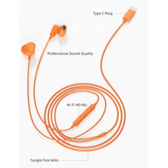 GVDCC -USB C Earbuds for iPhone 17 Pro Max Air 16 15 Plus/iPad Pro Air Mini, Wired Type C Headphone with Clear Call Mic HiFi Stereo Travel Earphones for Samsung Galaxy S26 S25 Ultra S24 S23 S22 Orang