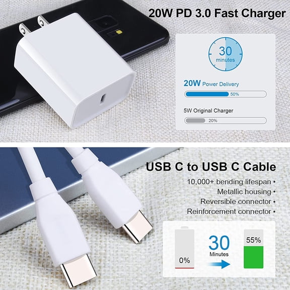 GVDCC -USB C Fast Charger for Google Pixel 10a 10 Pro XL 9a 9 Pro XL Fold 9 8a 8 Pro 7a 7 7Pro 6 6Pro 6a 5 4 4a 4XL 3a 3XL 2XL, Samsung Galaxy A16 A15 S26, 20W 3A PD Power Adapter with 6FT Type C to