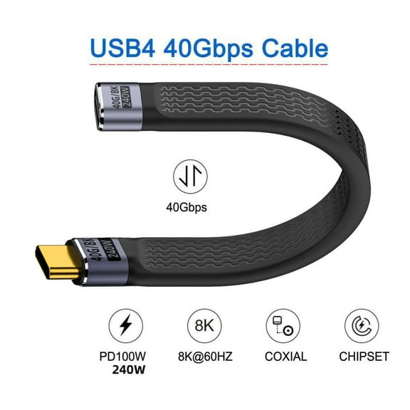 GVDCC -USB C Short Cable USB4 Plug to Socket Slim Flat Extension Cable 13cm 40Gbps with 240W Power and 8K@60Hz Video