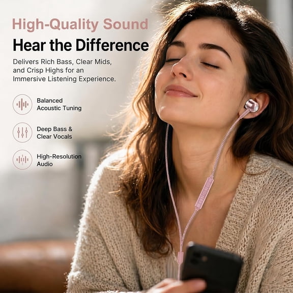 GVDCC -USB-C Wired Earbuds with Microphone, in-Ear Headphones for Android & USB-C Devices, Noise-Isolating Stereo Earphones with Inline Remote for Phone Calls, Music & Video - Pink