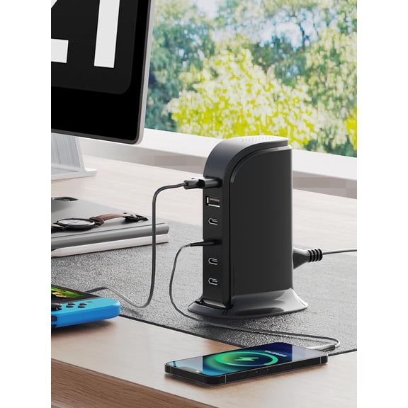 GVDCC -USB Charger, Charging Station for Multiple Devices 65W, Fast Charging Blocks with 4Type C Ports, Dual USB Charging Hub Organizer Multiport for iPhone, Ipad, Smartphones, Travel Accessories (Bl