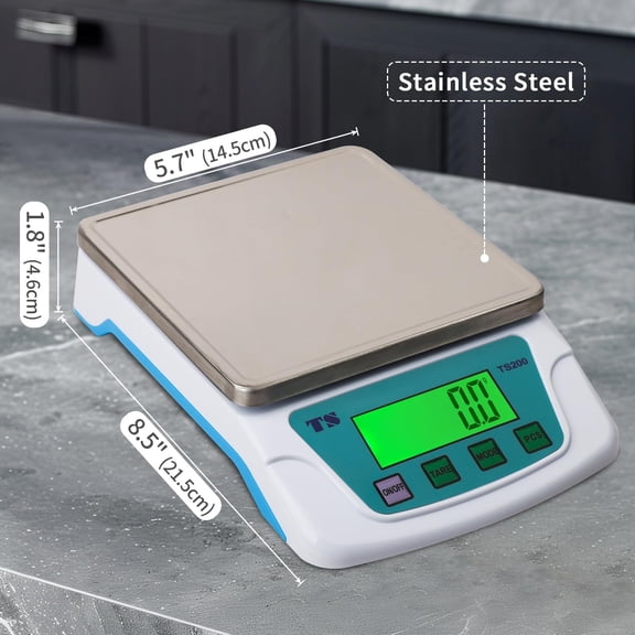 GVDCC-USB Rechargeable Digital Food Scale, 0.2g Ultra Precise Weighing Scale 22lb/10kg, 304 Stainless Steel, Backlit LCD, Tare PCS Function, 6 Units for Baking Coffee Meal Prep Shipping