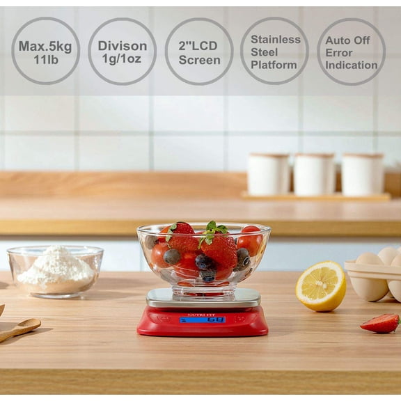 GVDCC-Ultra Slim Food Scale Digital Kitchen 1g Increment Measure in lb oz ml High Precision Weight in Grams and oz for Coffee Making, Meal Prep - Red/Stainless Steel