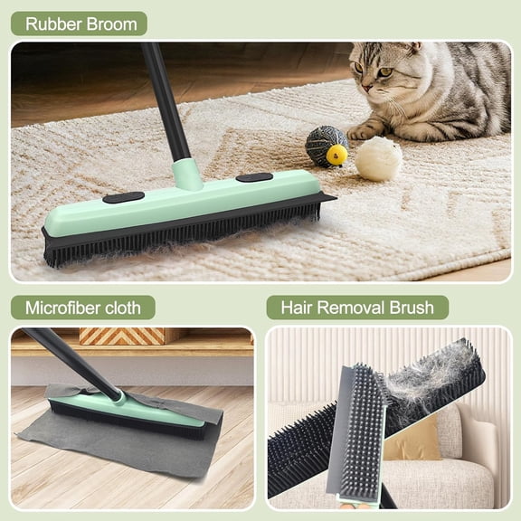 GVDCC-Upgraded Rubber Broom Pet Hair Remover with Squeegee Fur Sweeper Small Detailing Lint Brush to Fluff Carpet Rug Tile Hardwood Floor